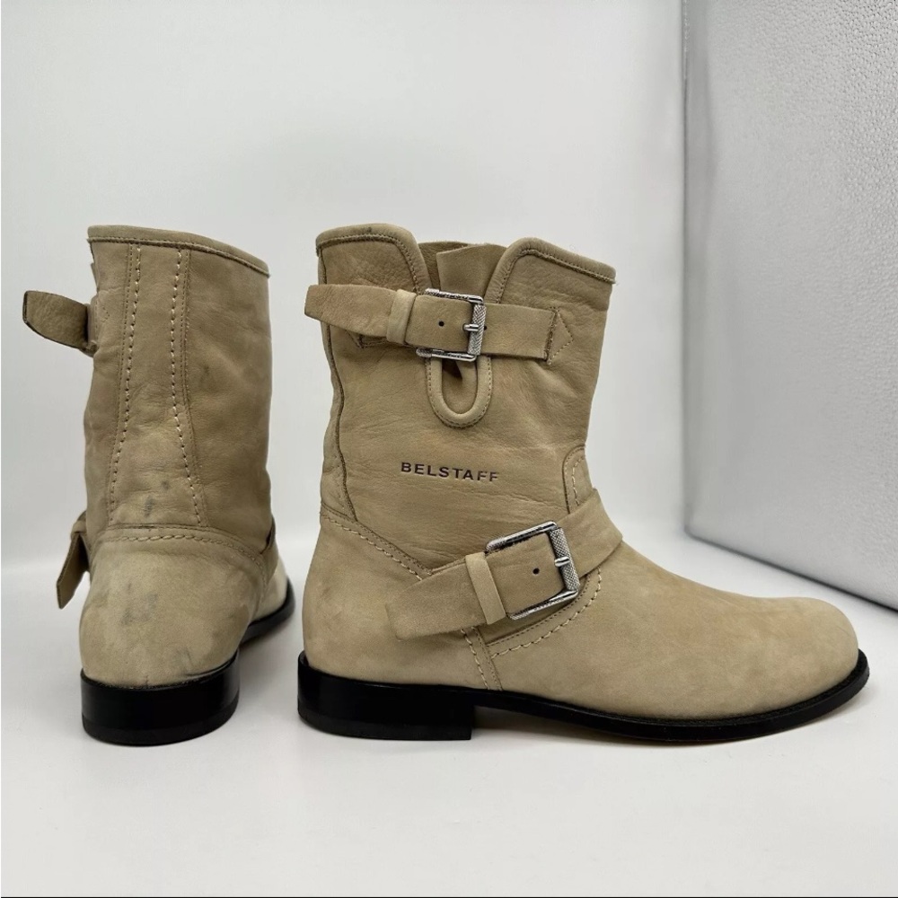 ❌SOLD❌ 🥾Belstaff Moto Engineer Beige Suede Nubuck Silver Buckle Strap Boots 7.5